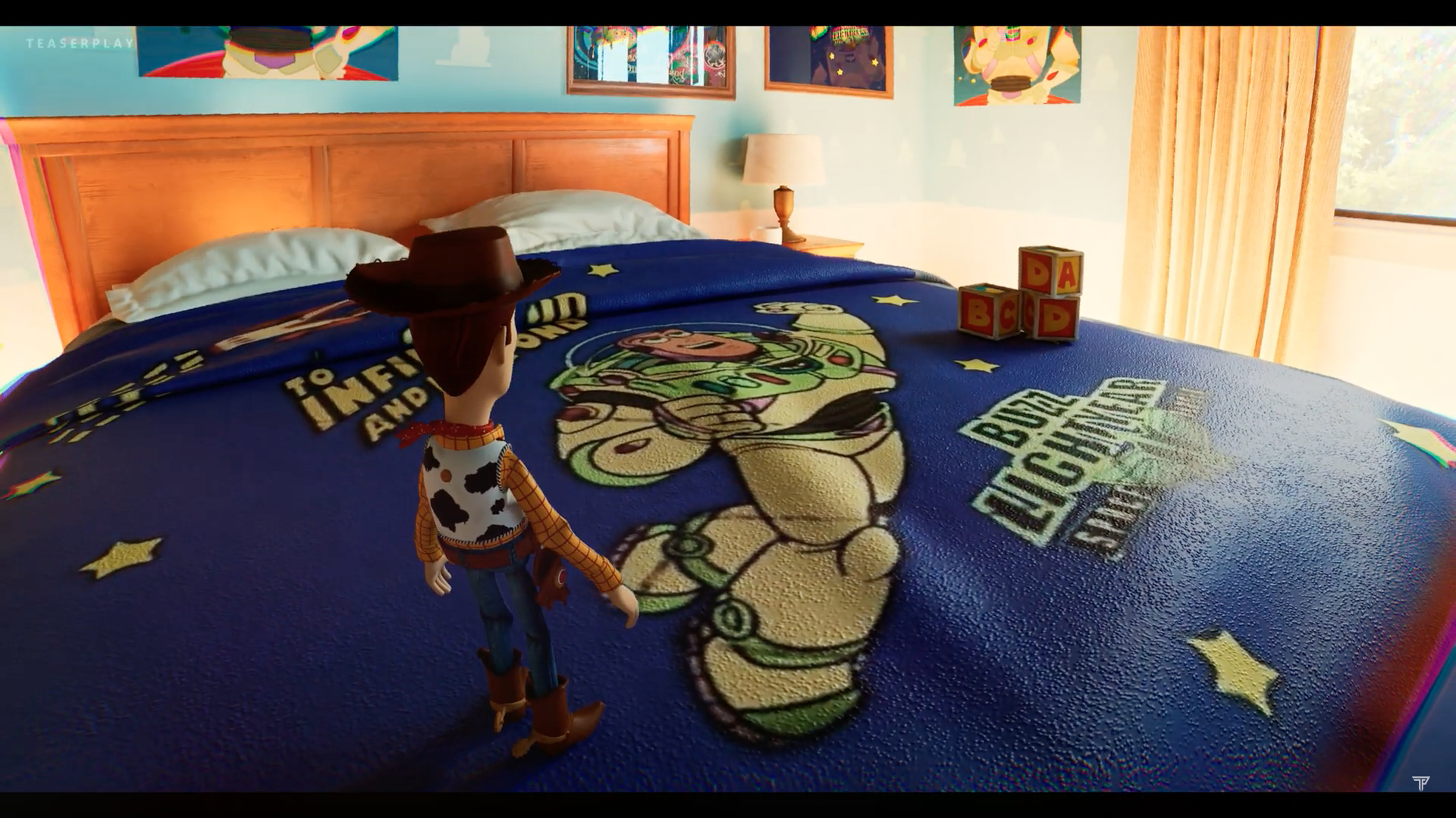 woody standing on buzz lightyear blanket