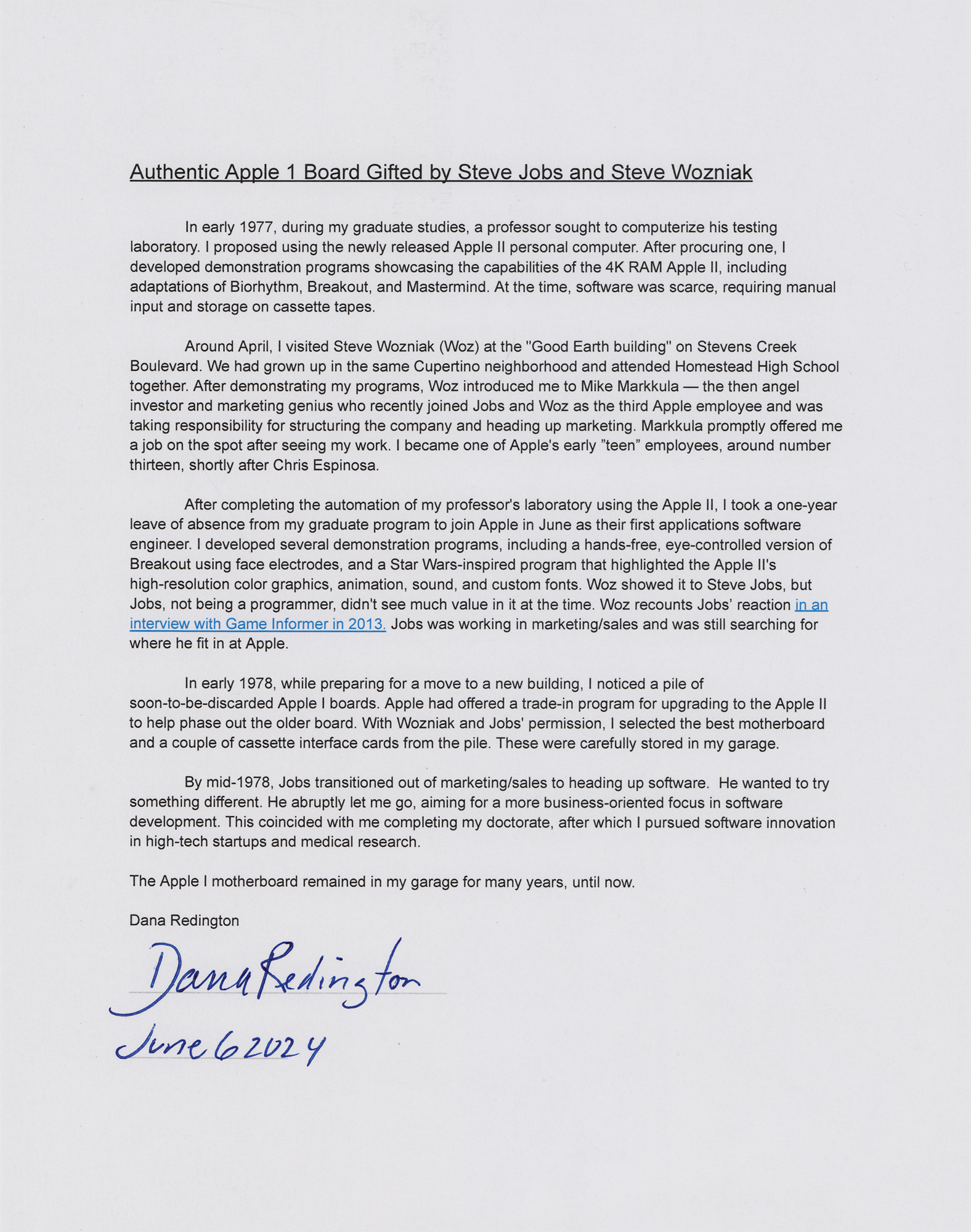 apple 1 board authenticity letter