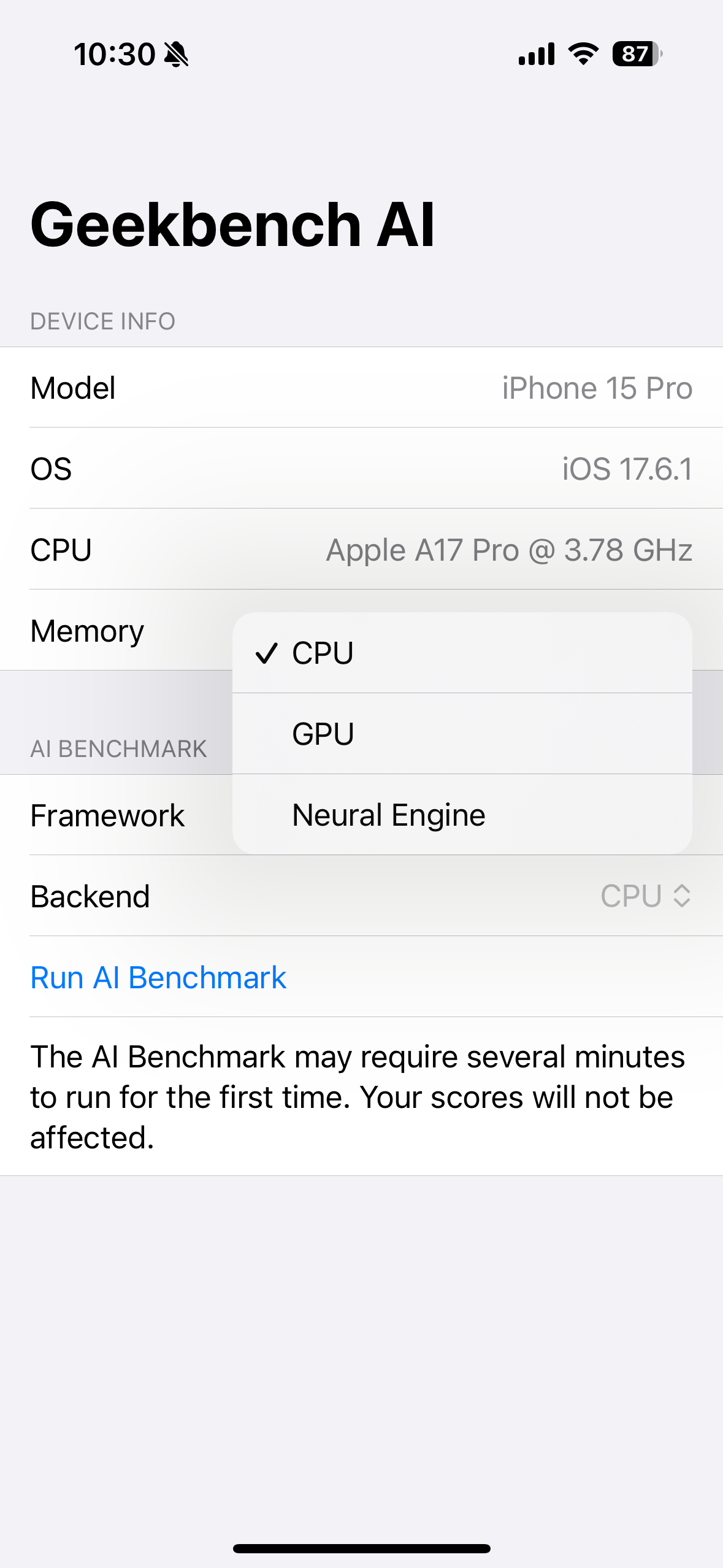 geekbench ai device info