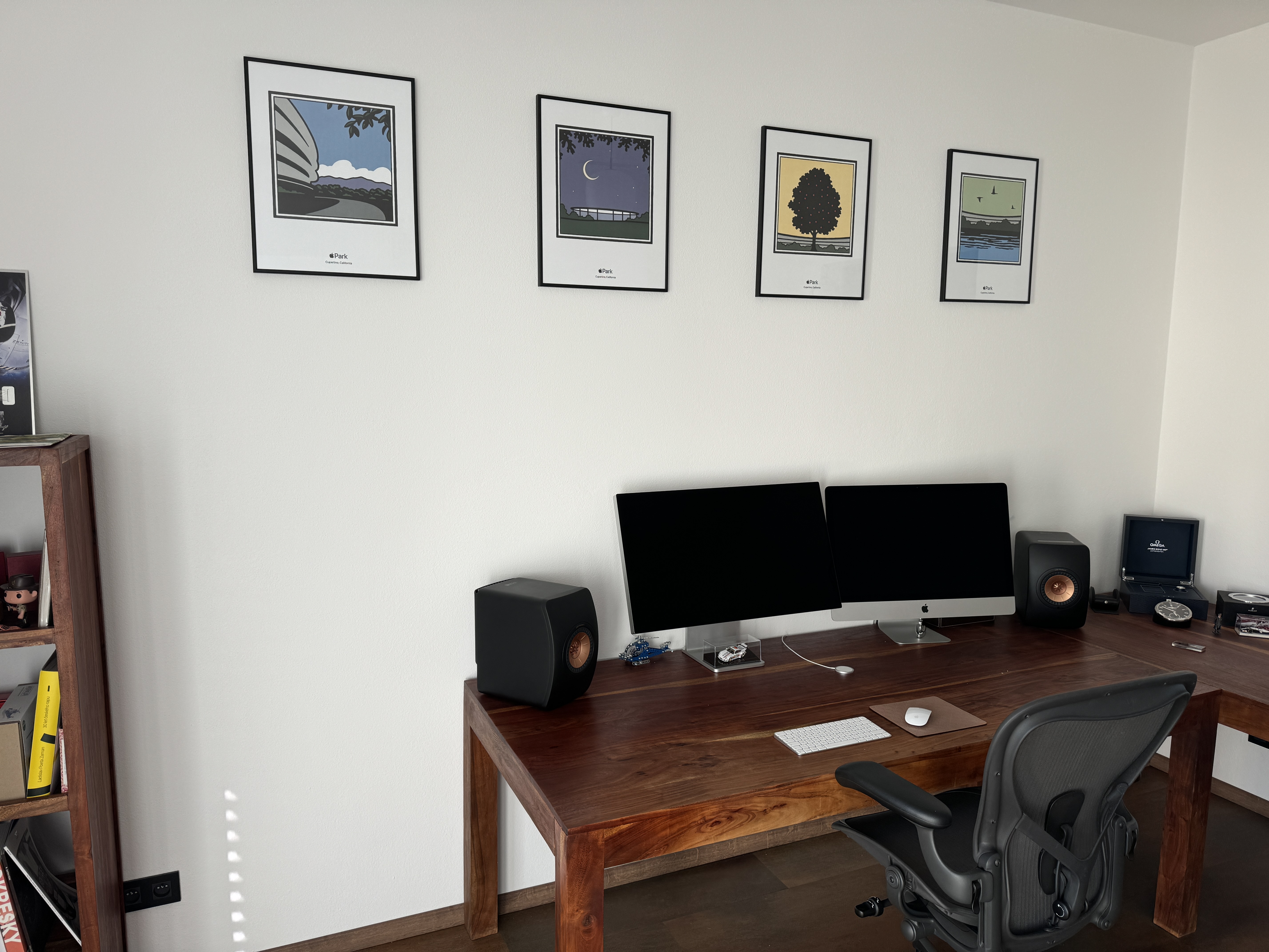 home office setup with art