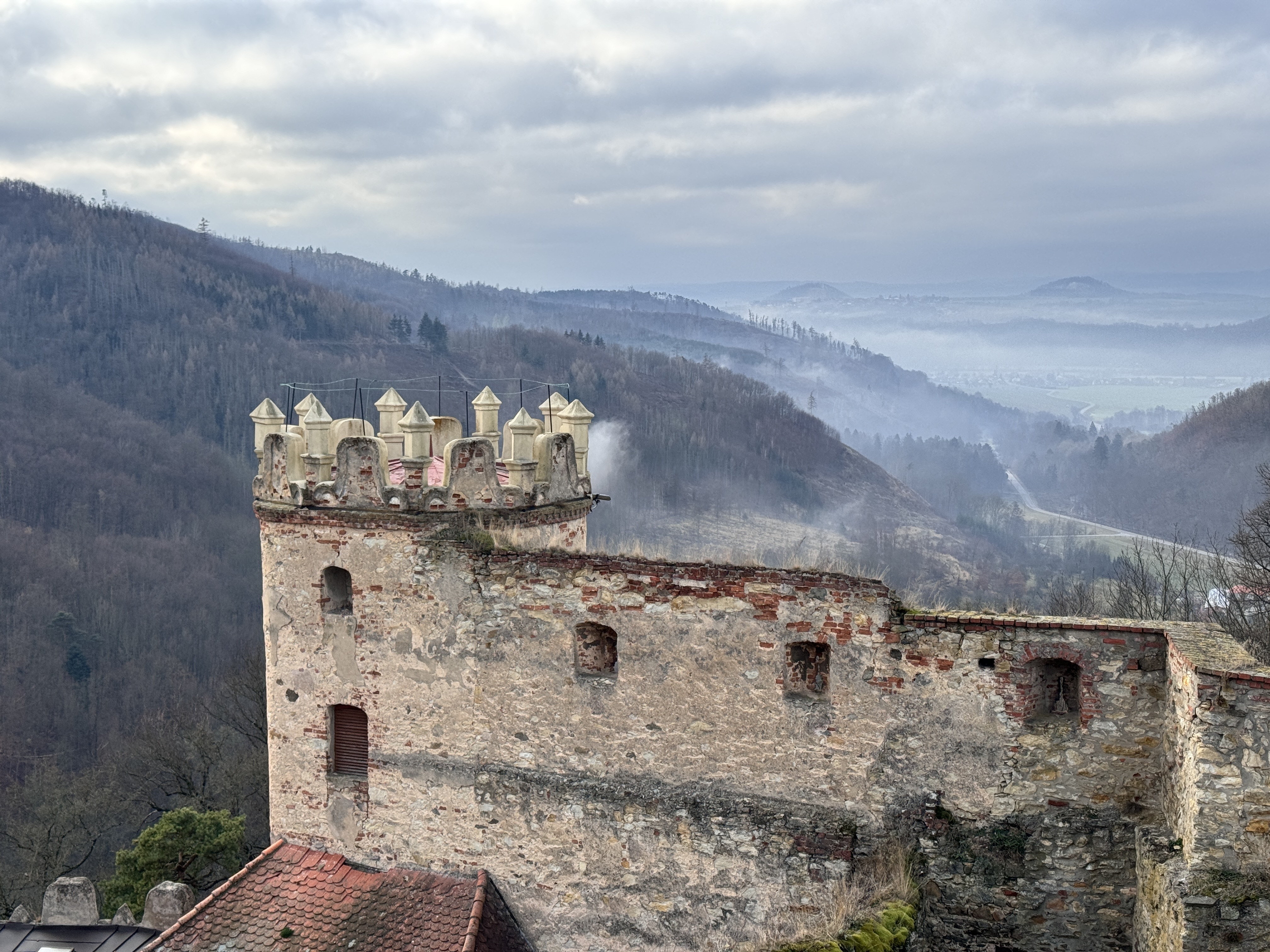 castle tower with mountain view