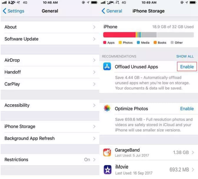 iphone storage settings