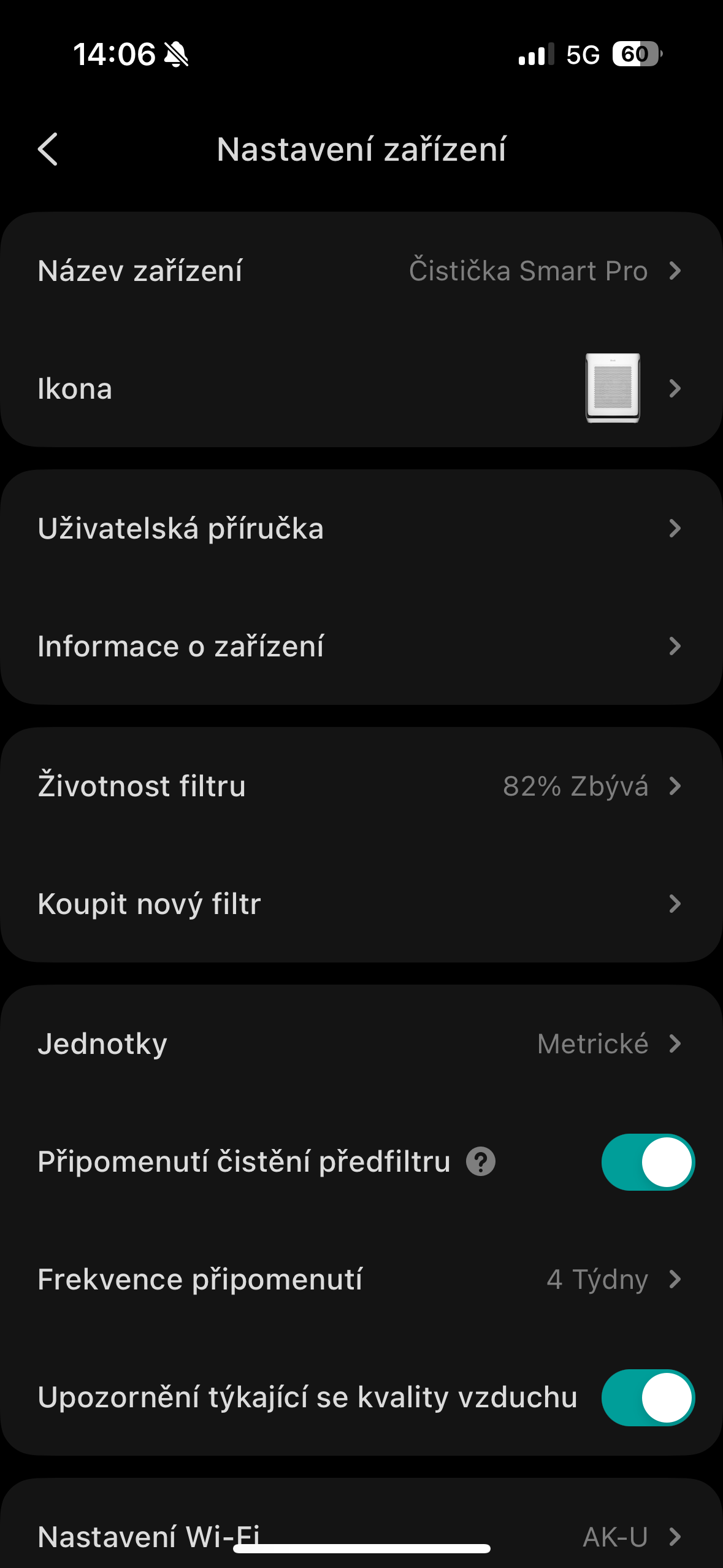 smart air purifier device settings