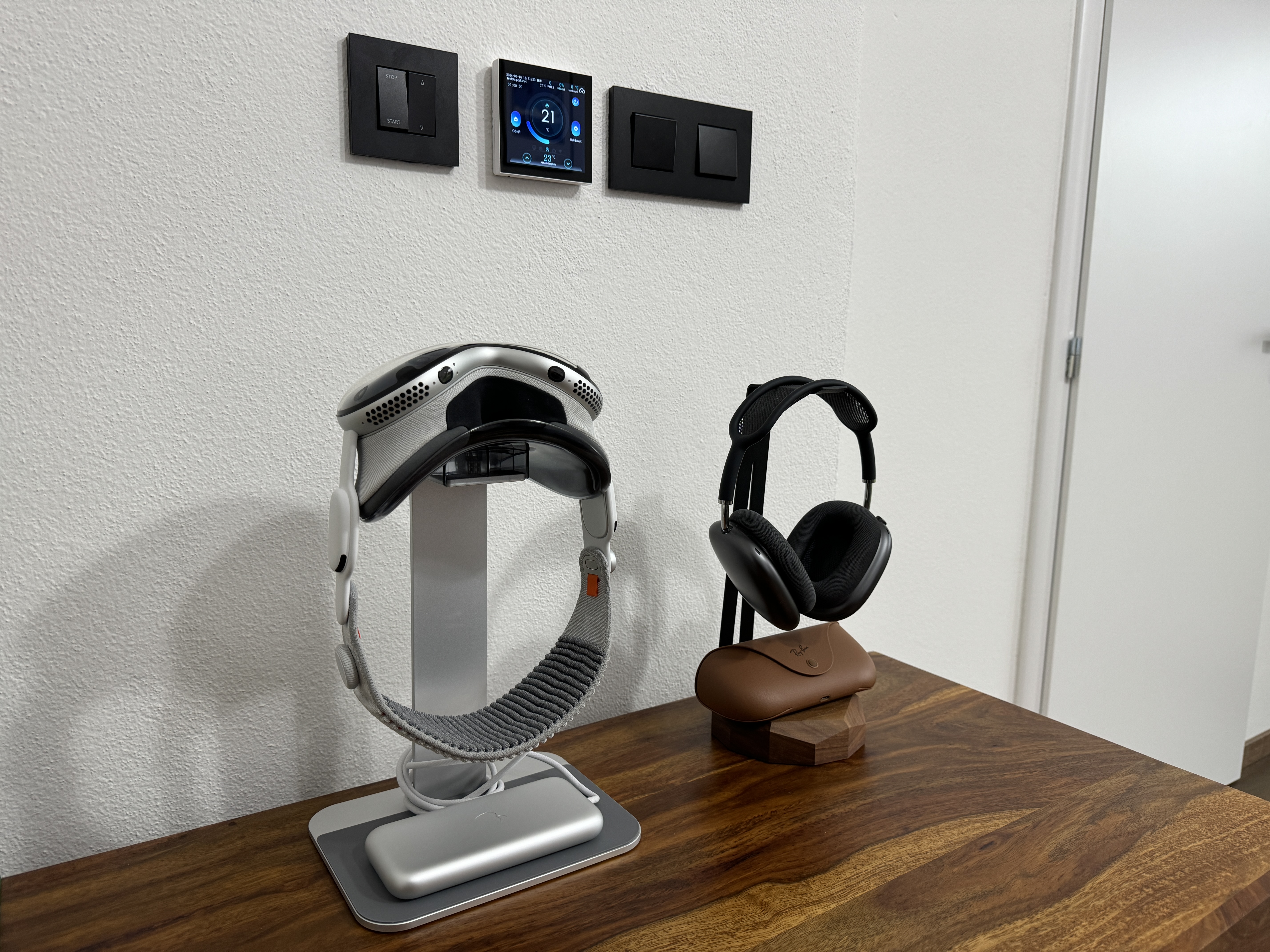 vr headset and headphones with wall controls