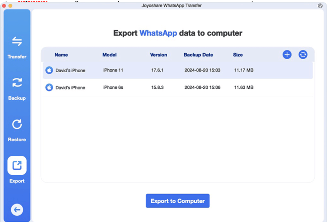 whatsapp data export screen