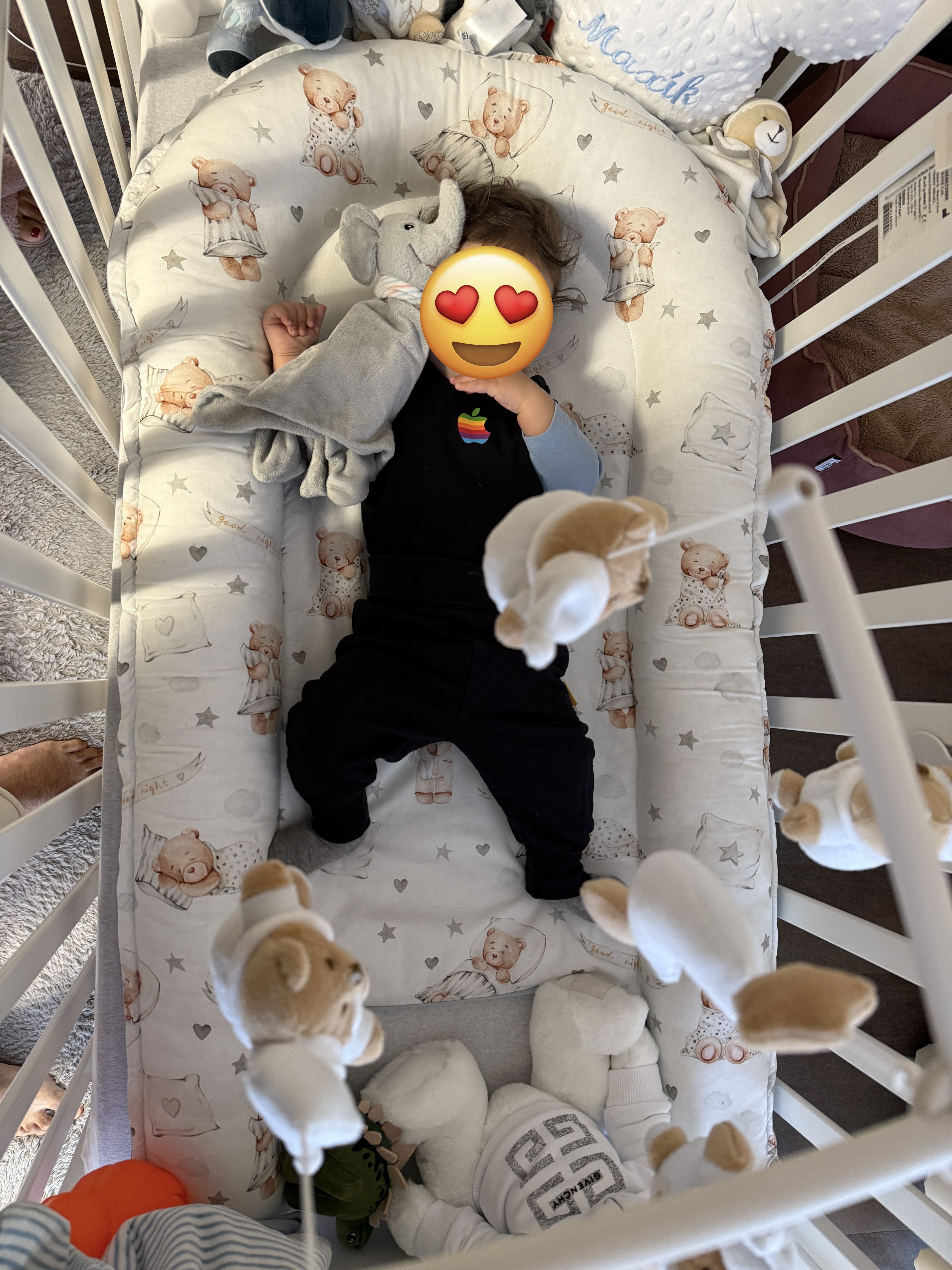 baby in crib with elephant toy