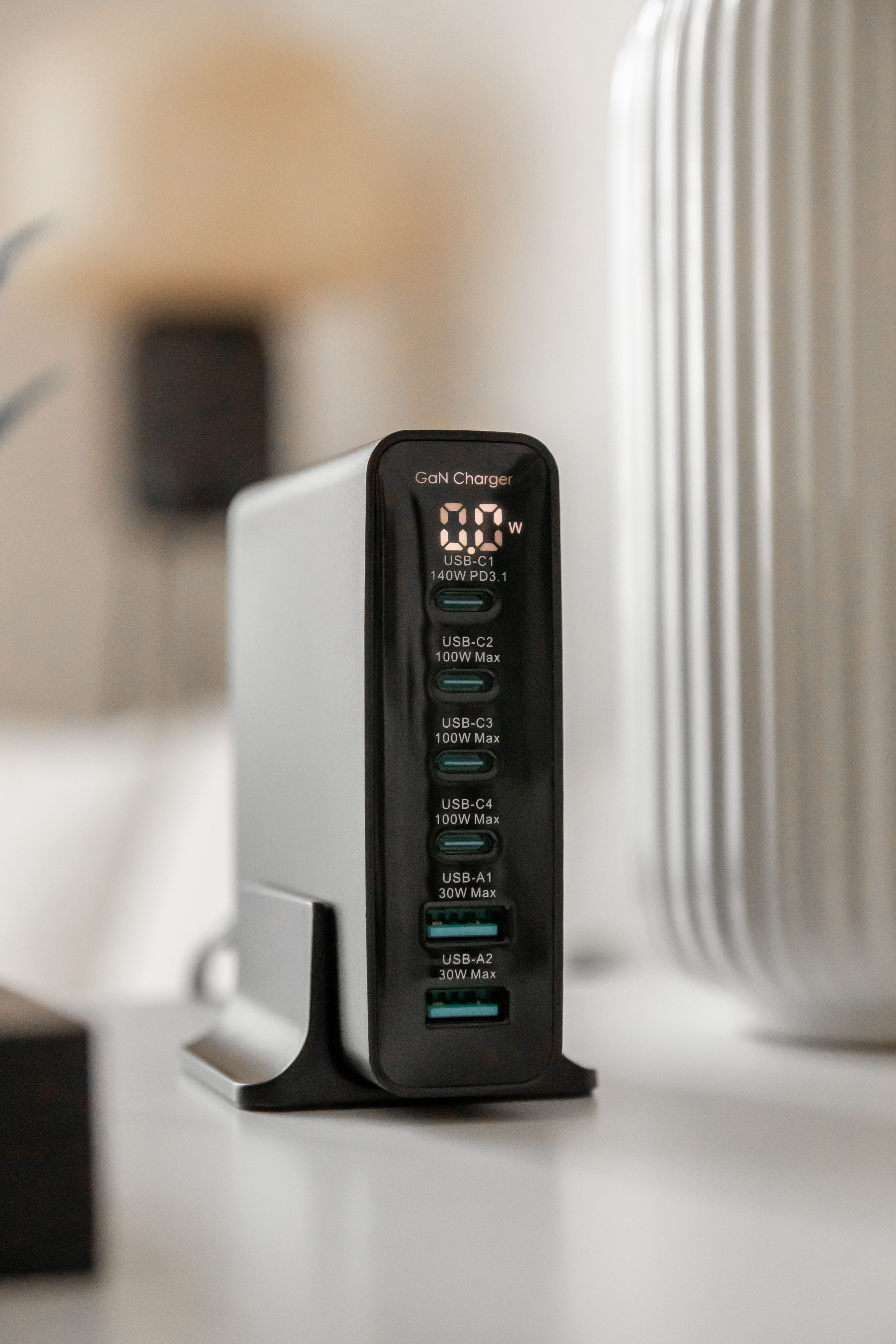 black usb charger on desk