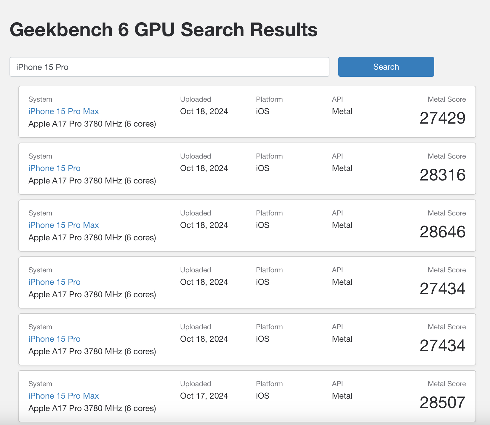 geekbench iphone 15 pro gpu results
