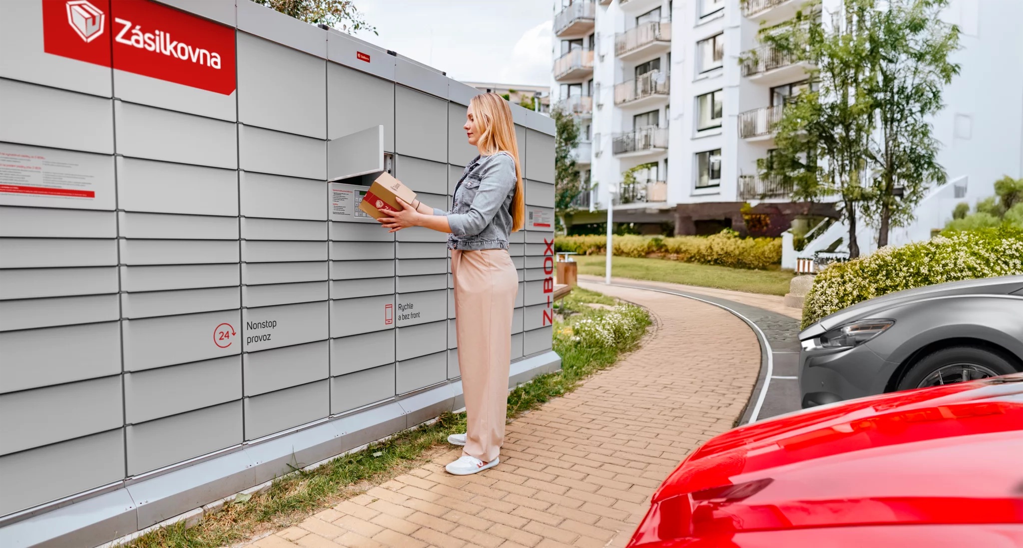 woman using locker for package