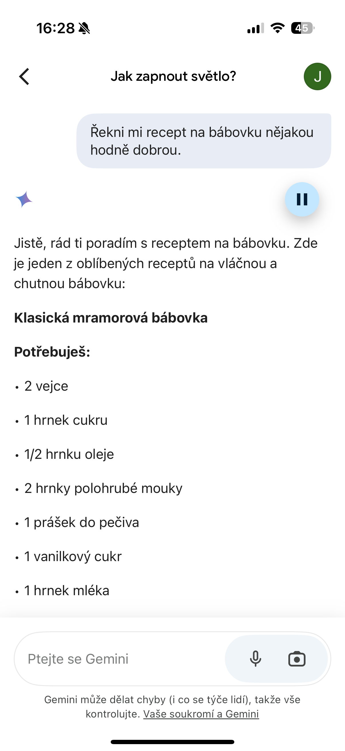 chatbot cake recipe czech