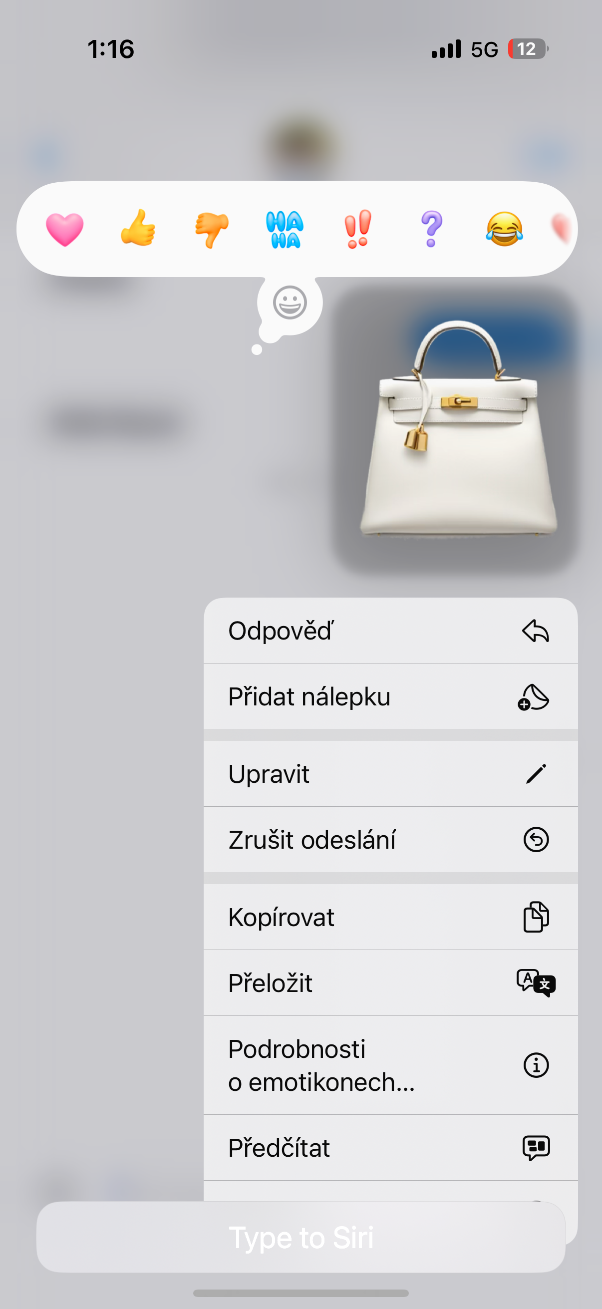 emoji reaction menu with handbag