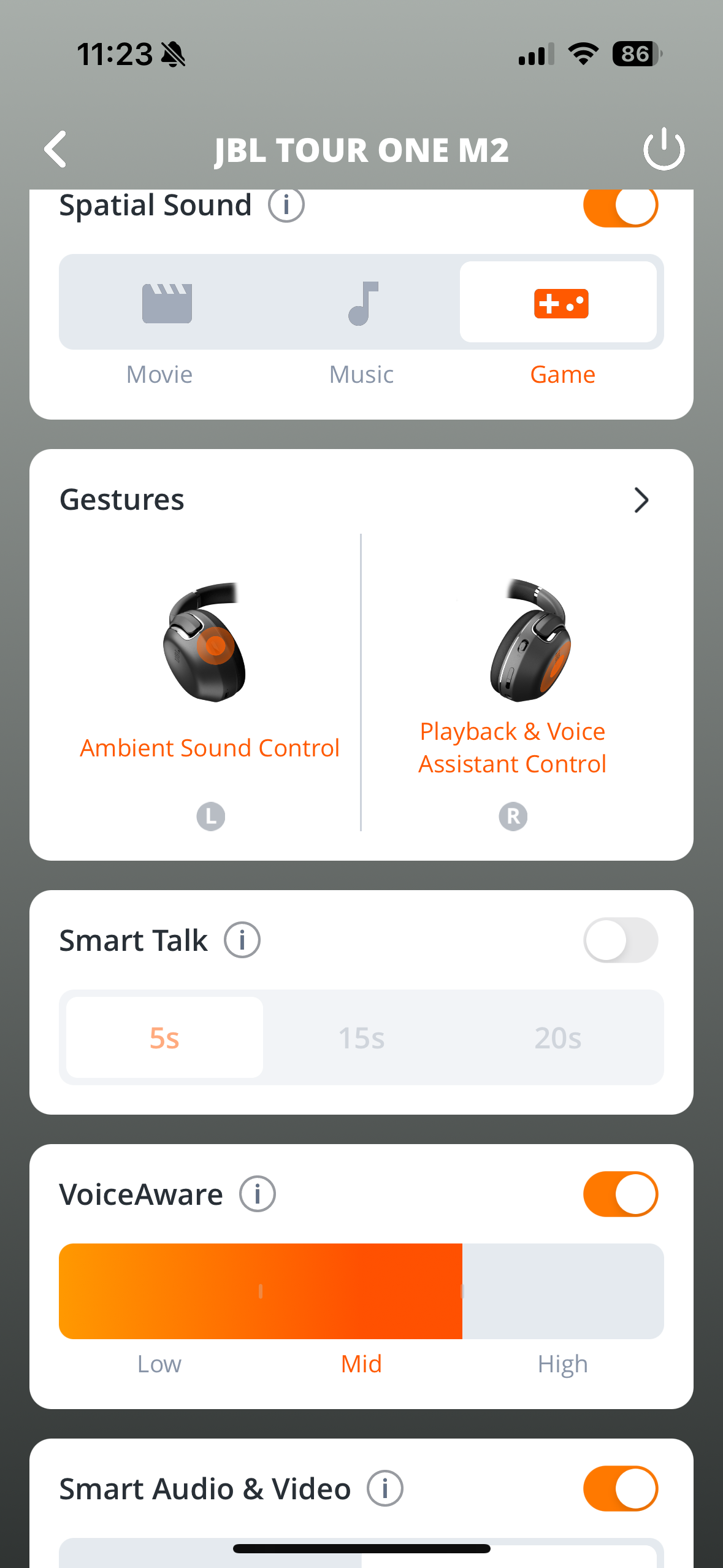 jbl tour one m2 settings interface