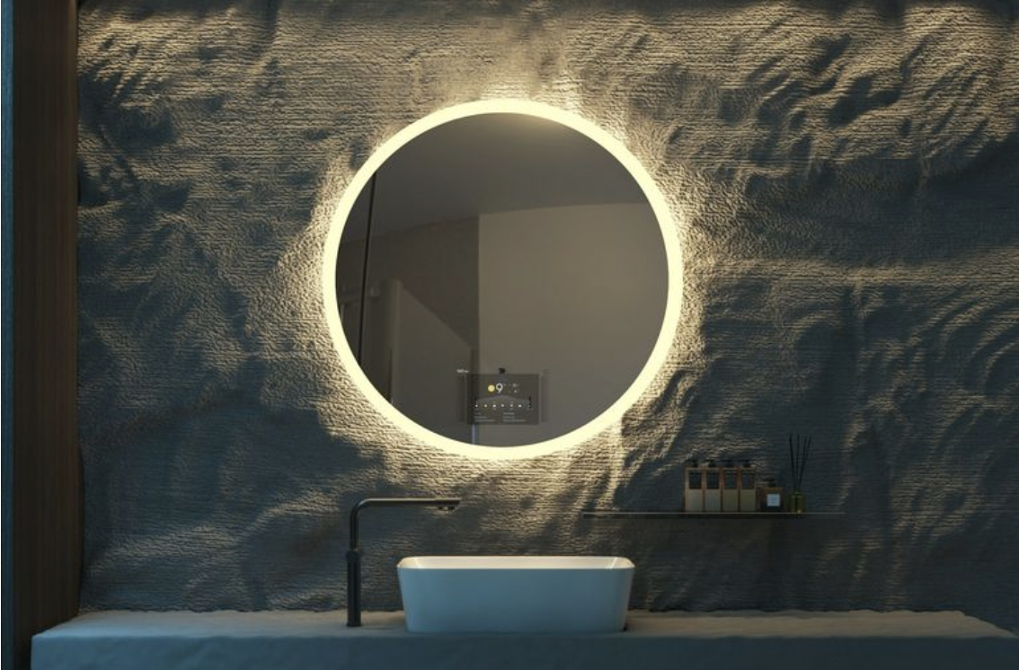 modern bathroom with round mirror