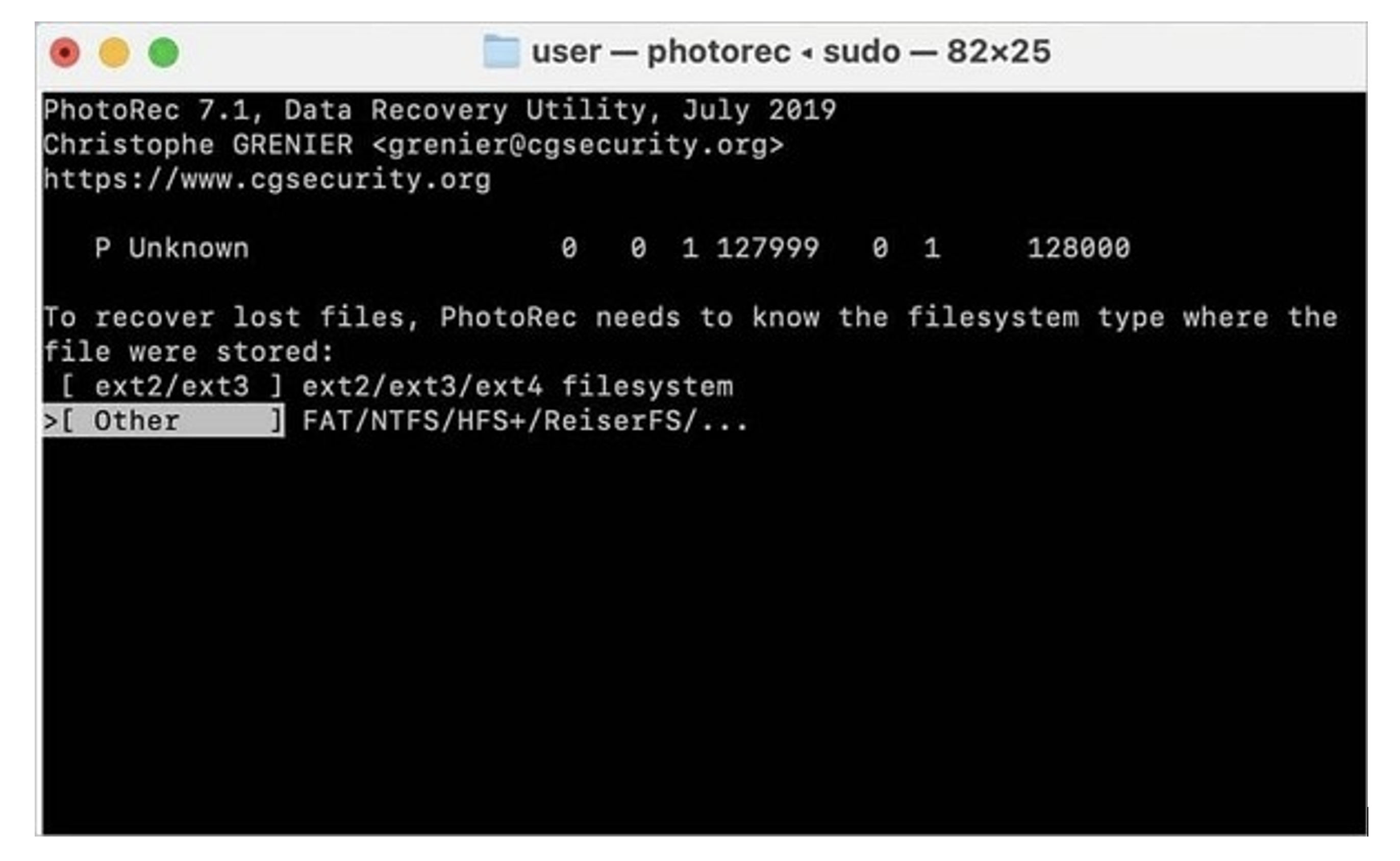 photorec data recovery terminal