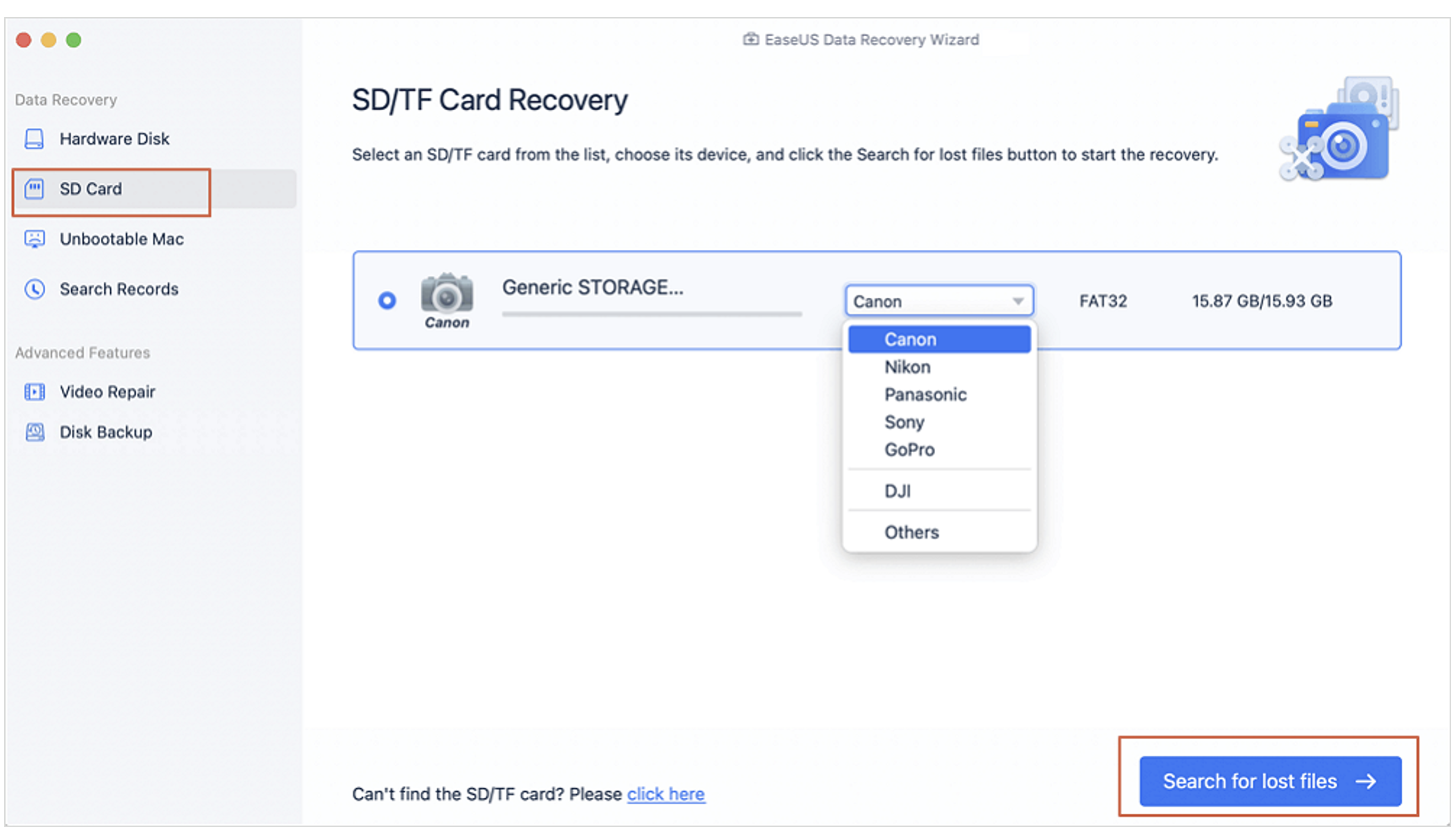 sd card recovery software interface