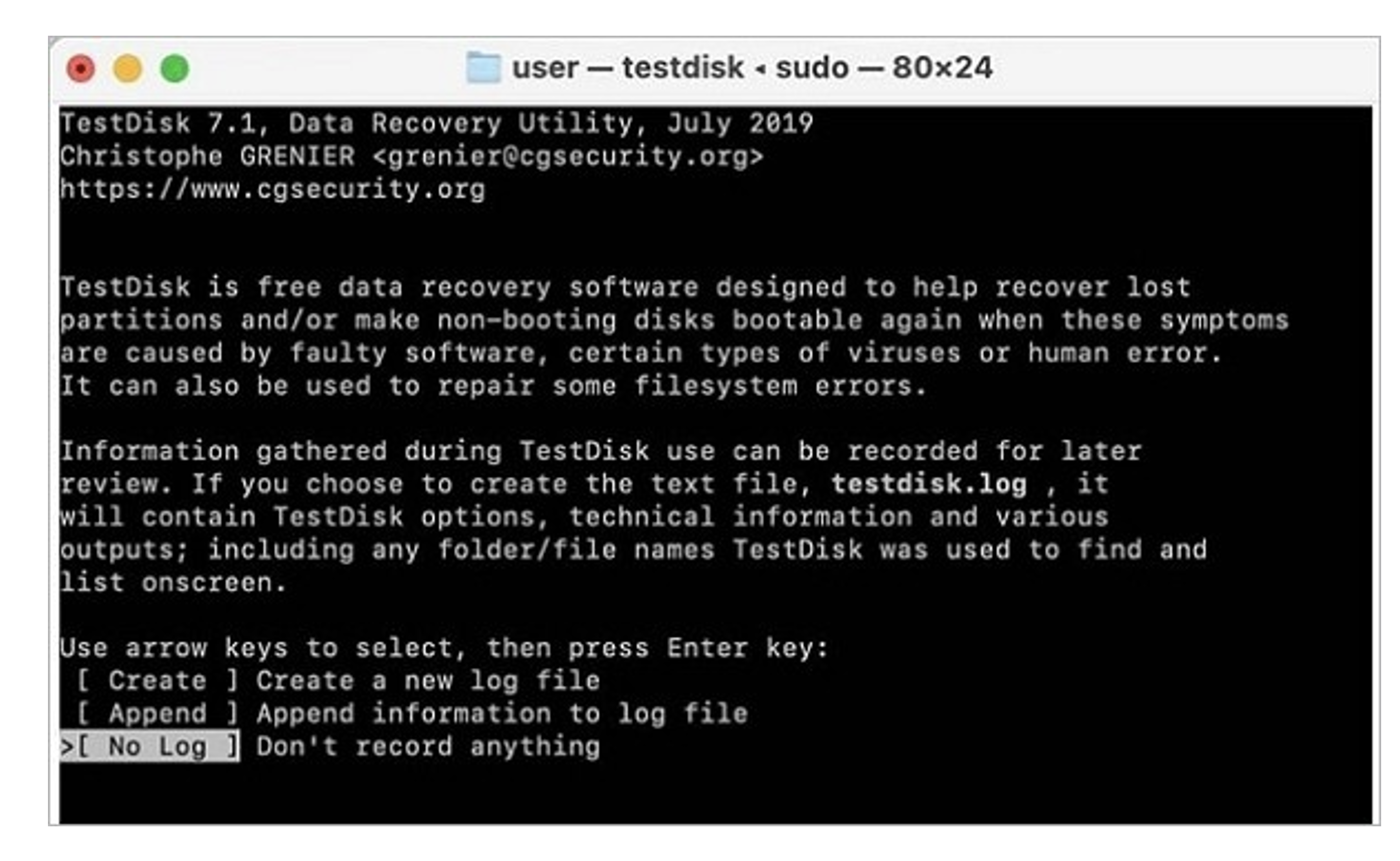 testdisk log file creation terminal