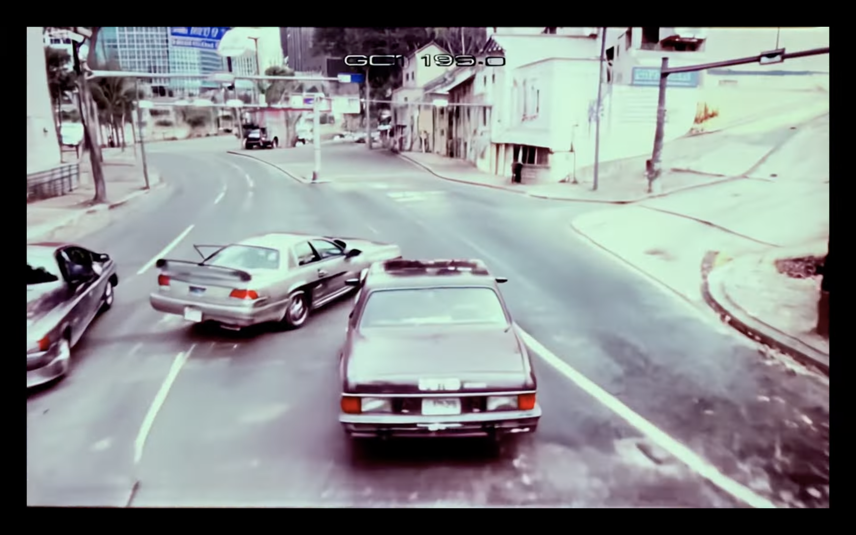 vintage car chase scene