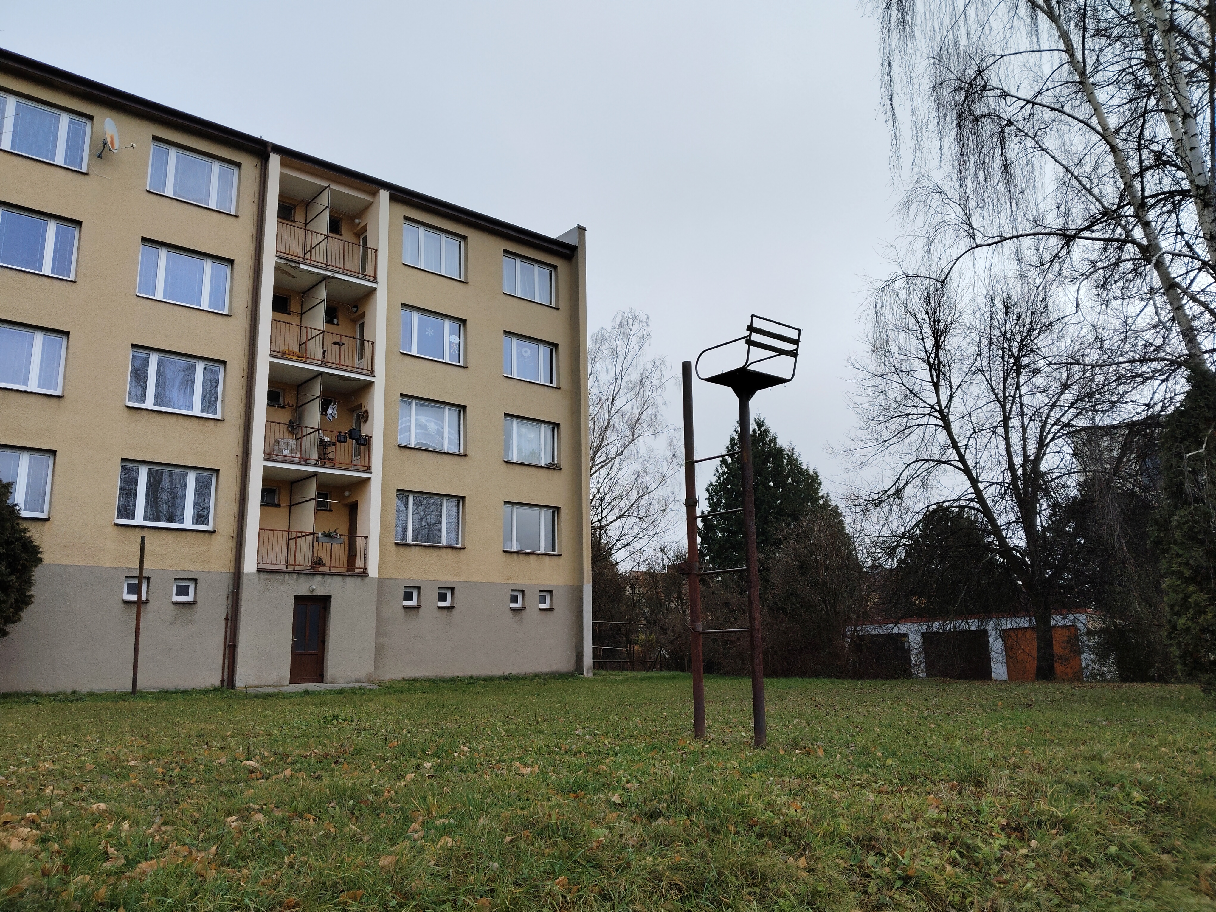 apartment building and lamp post