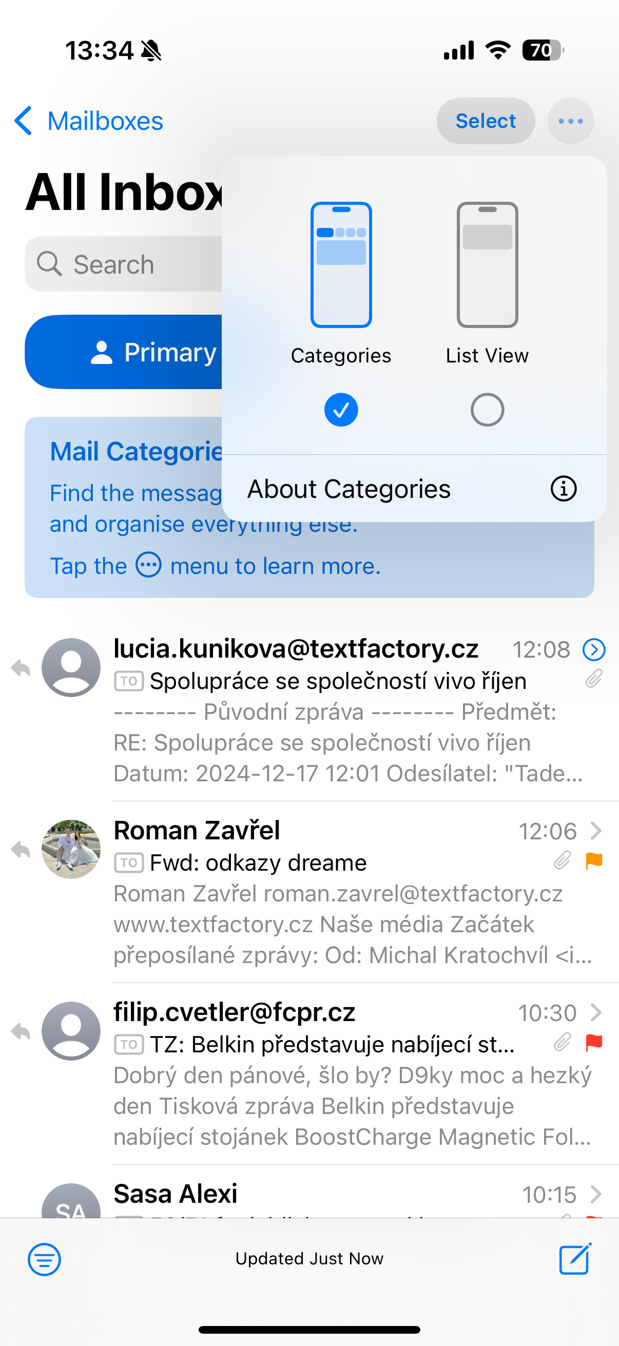 mailbox categories popup