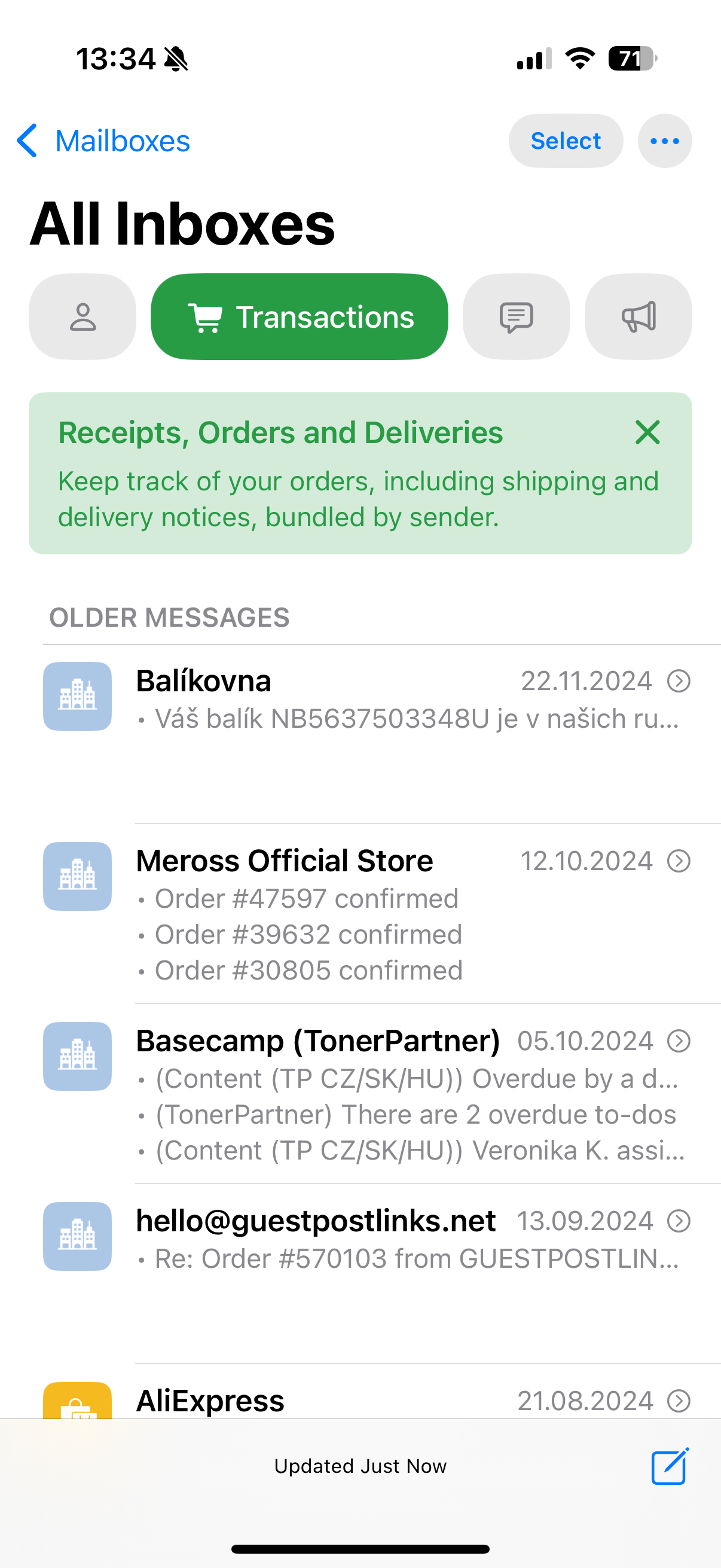 mailbox transactions tab