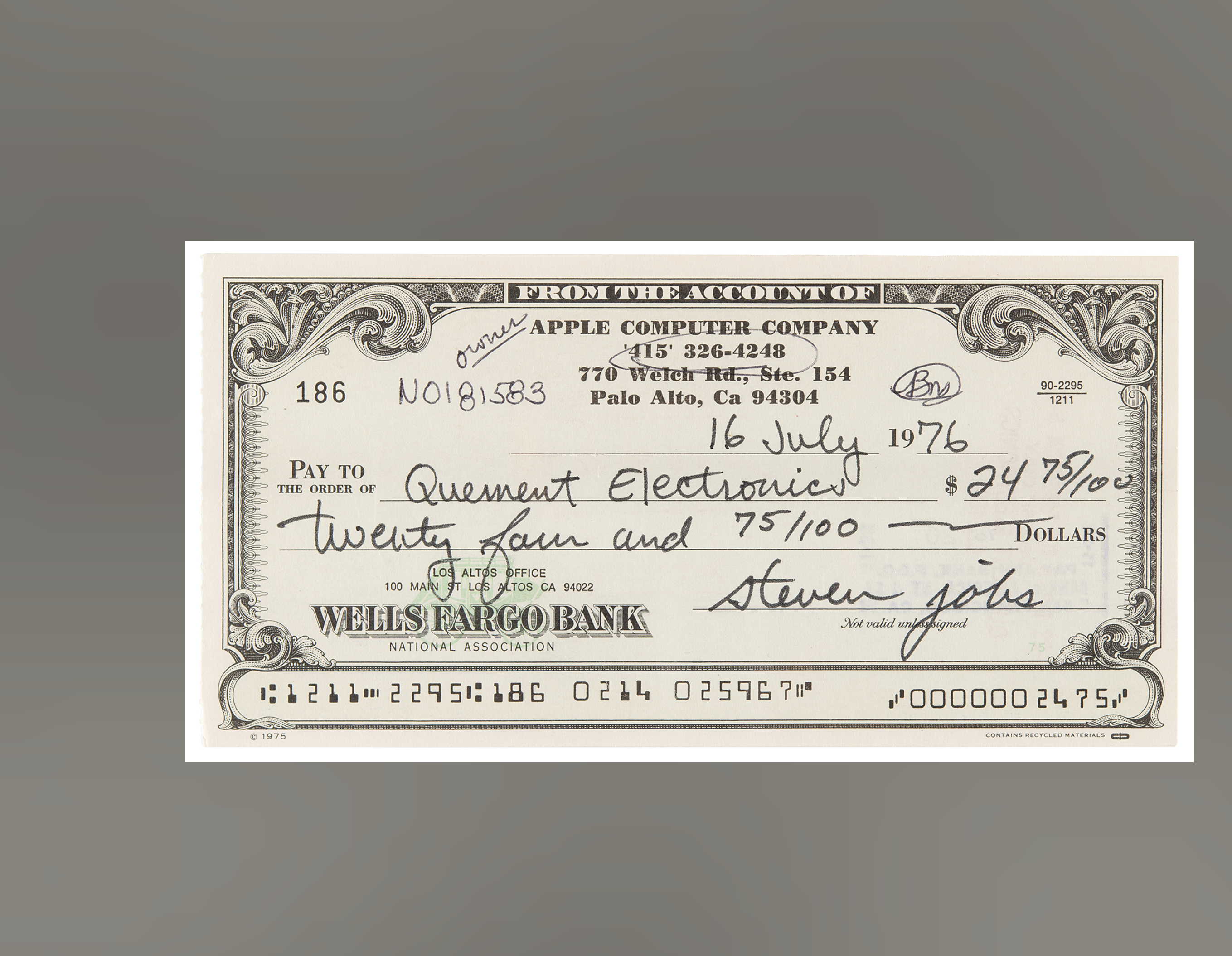 steve jobs signed check