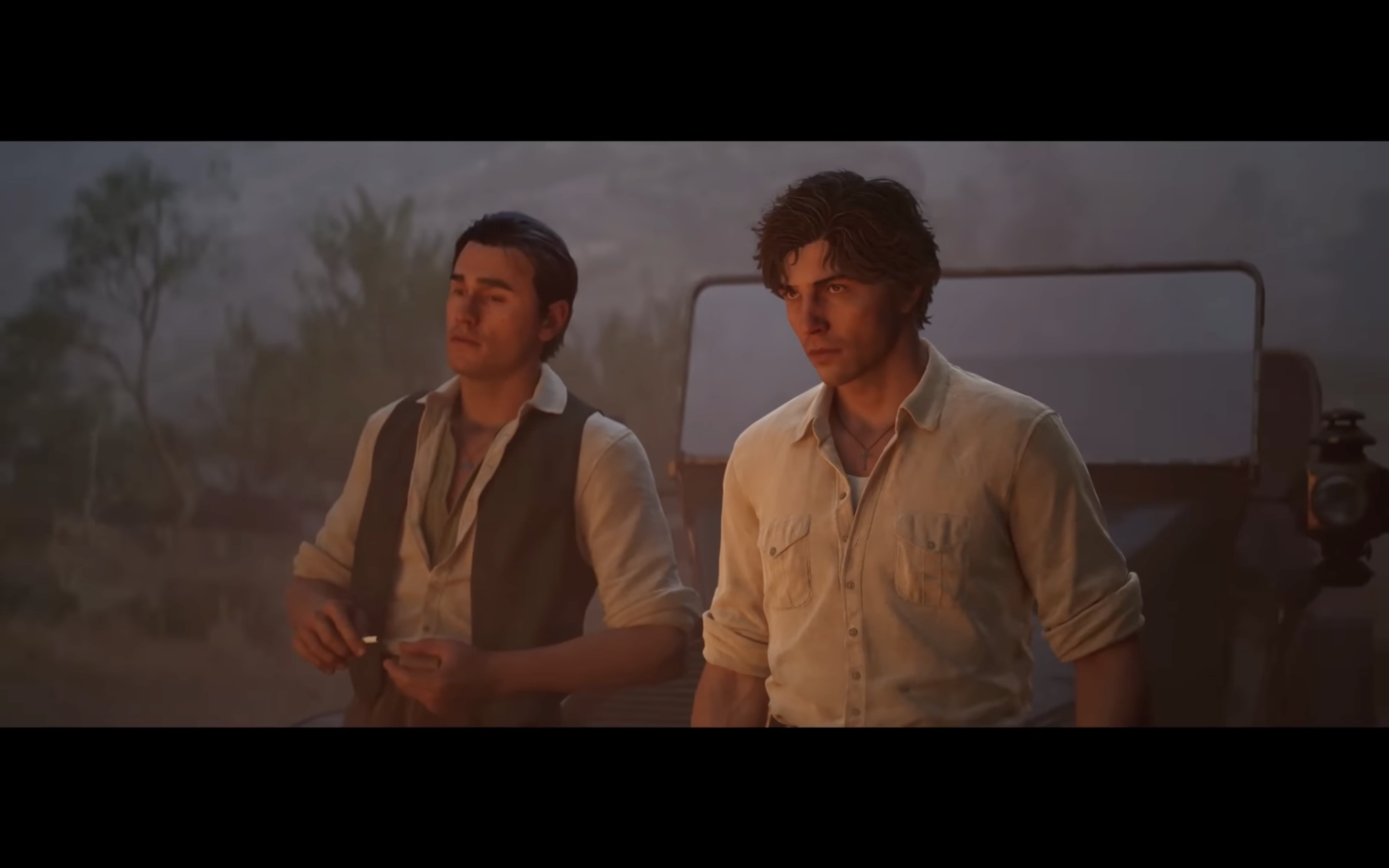 two men standing jeep