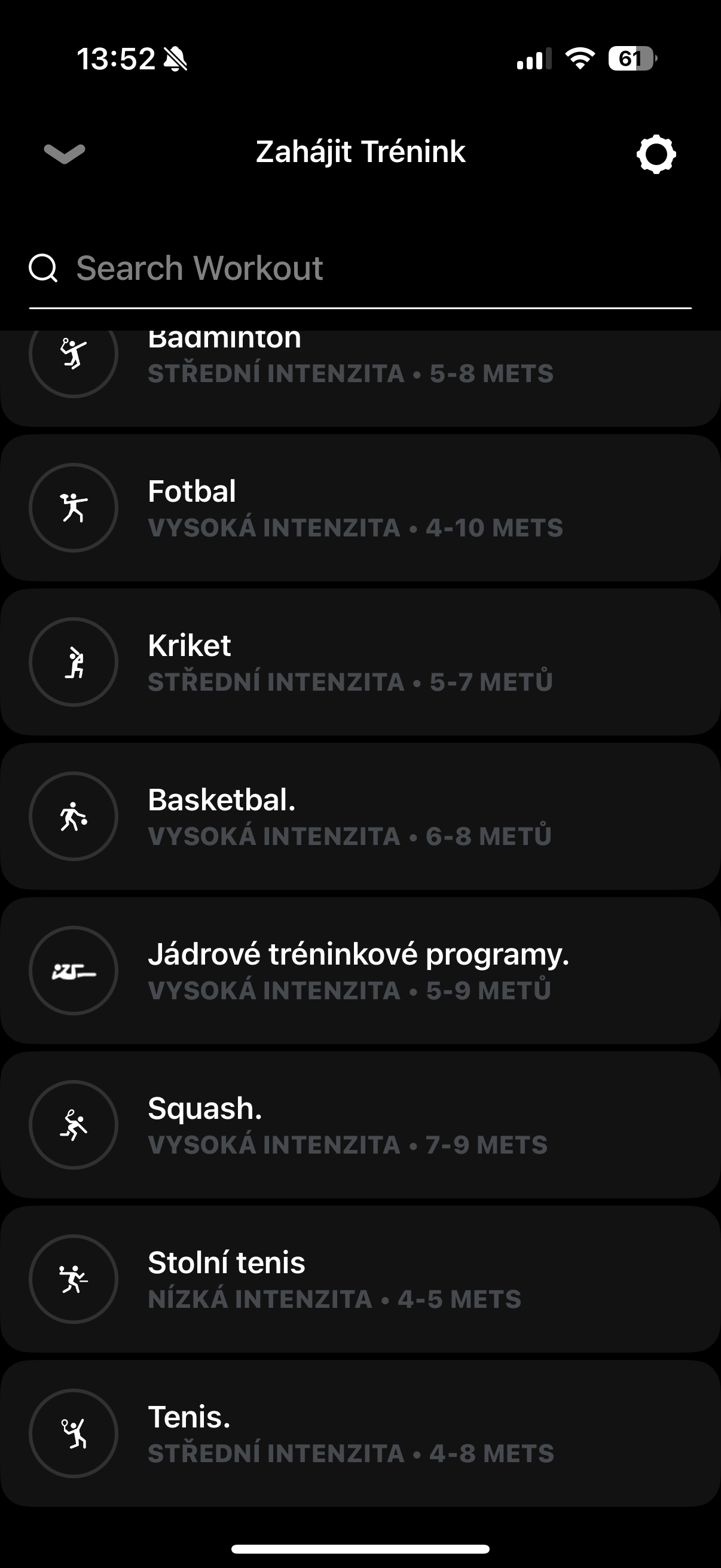 exercise activities menu