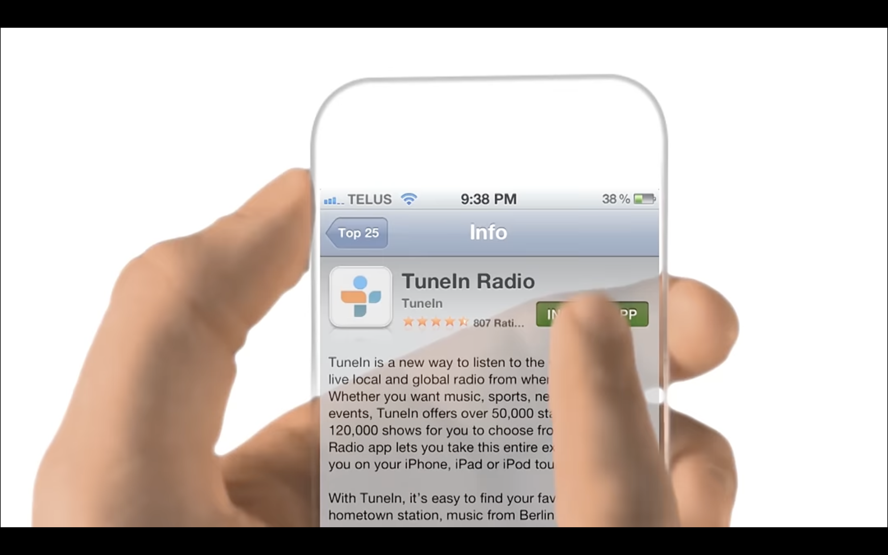 hand holding transparent smartphone tunein