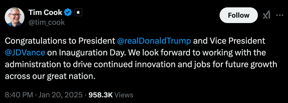 tweet congratulating inauguration
