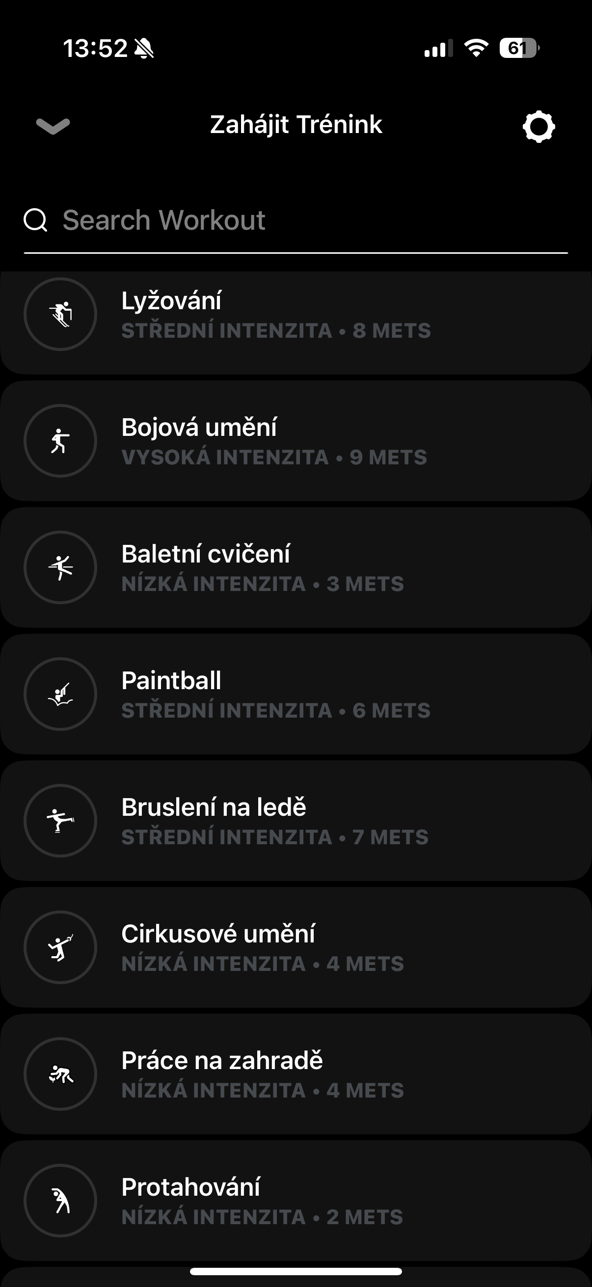 workout selection screen
