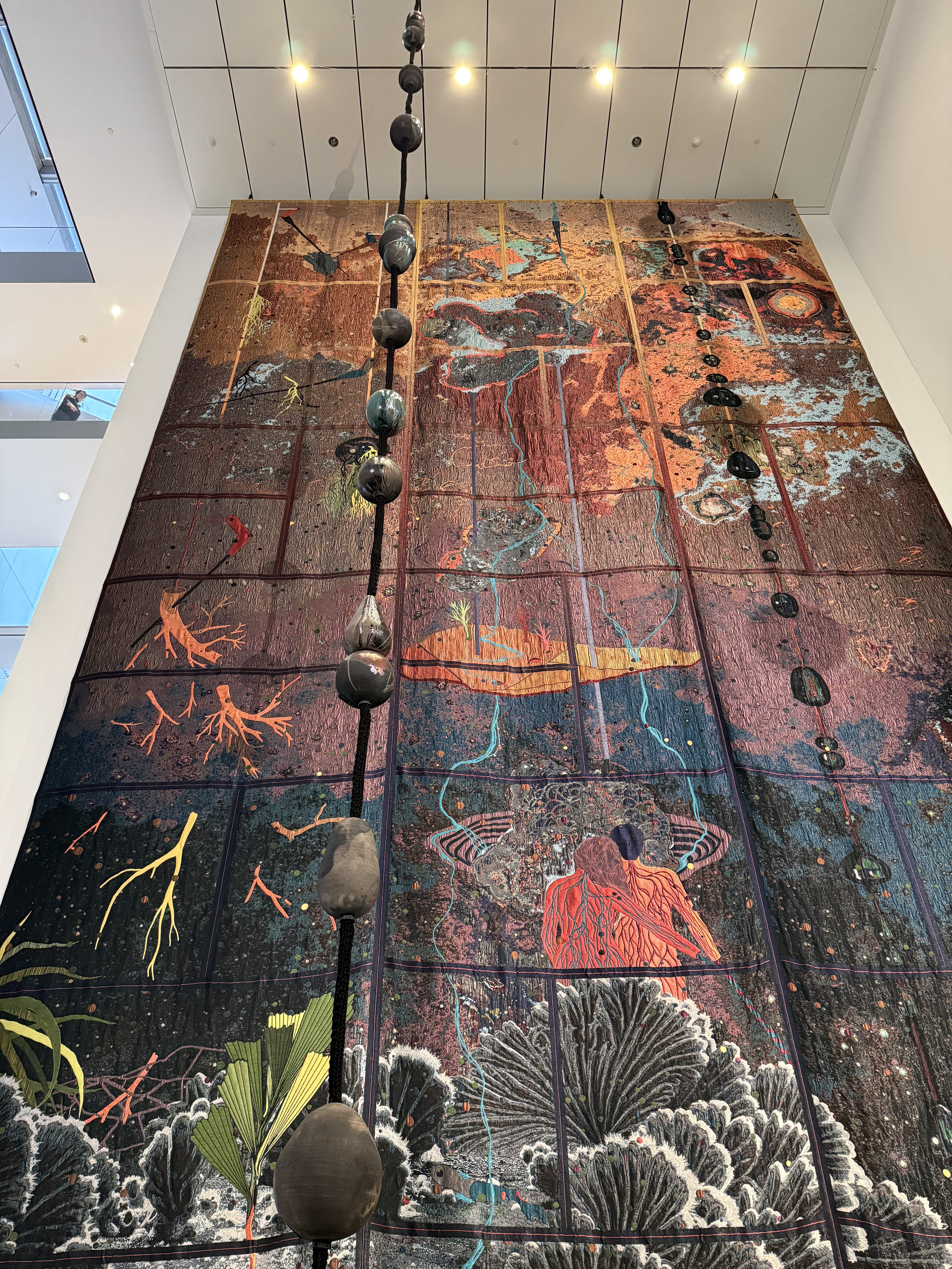 Colorful Abstract Wall Mural and Hanging Spheres – Contemporary NYC Museum Art