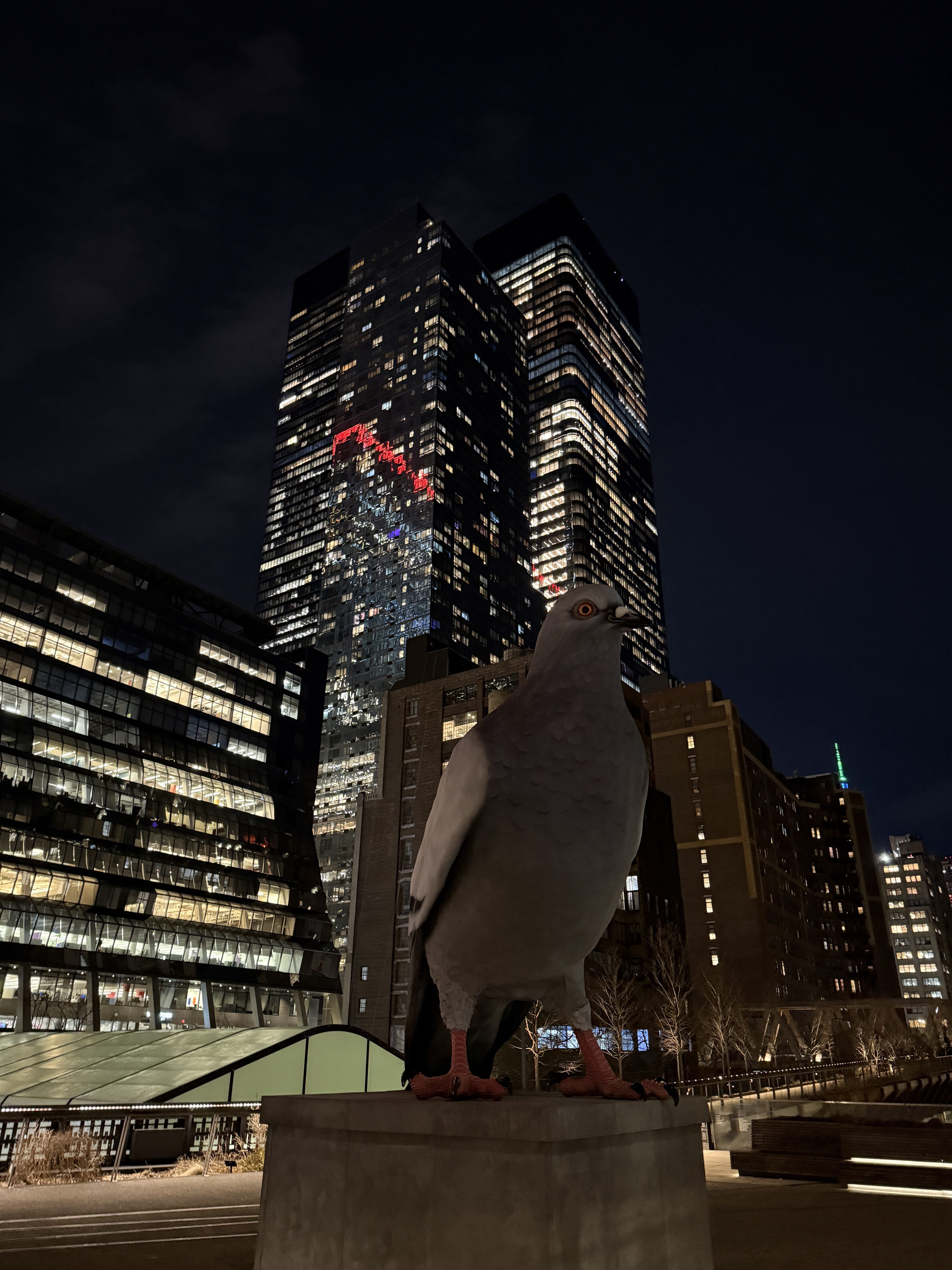 Giant Pigeon Statue in NYC at Night – Urban Art Meets Skyscrapers
