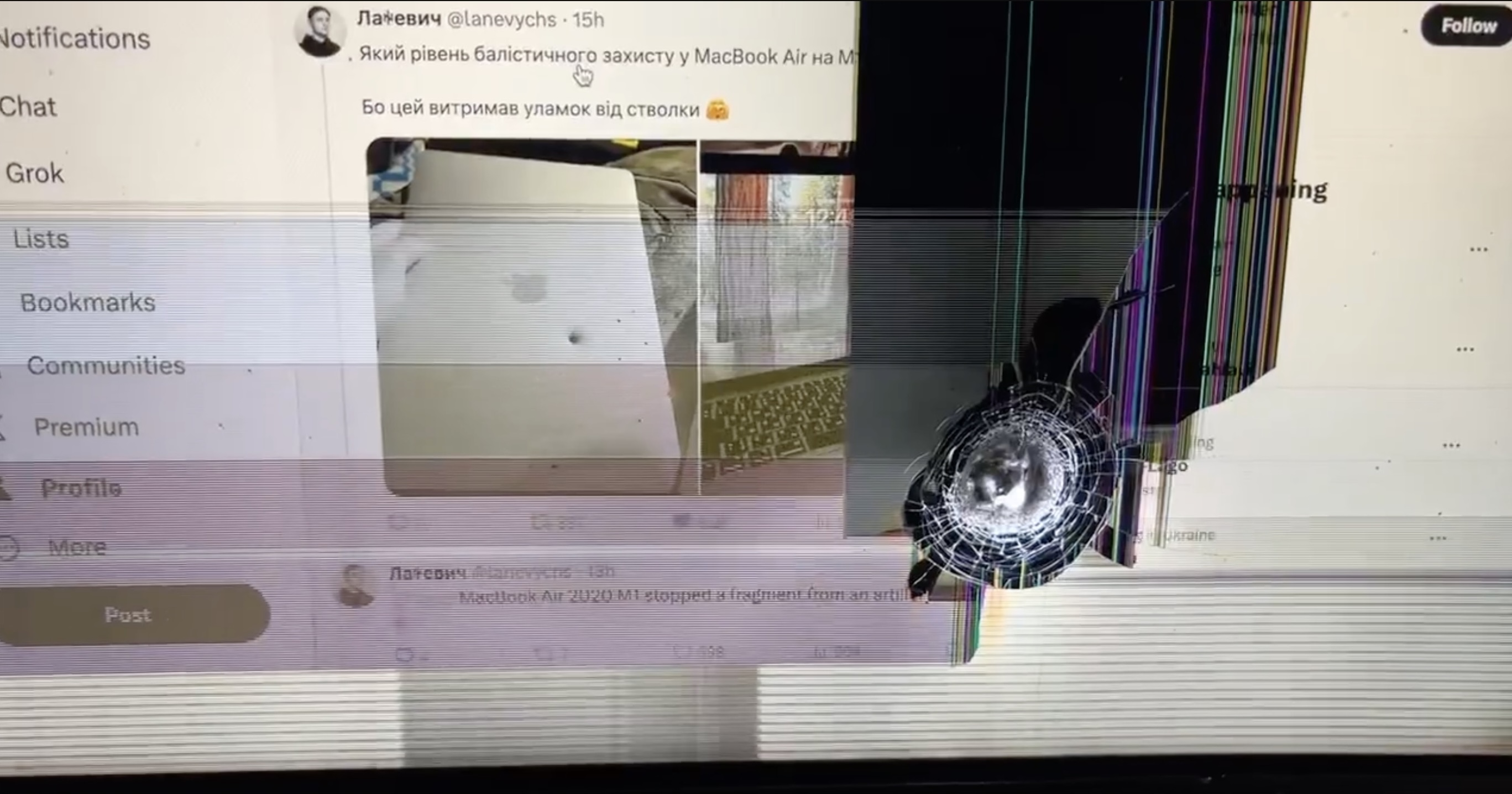 MacBook Air zasáhla na Ukrajině střepina z dělostřeleckého granátu, bez větších problémů funguje dál