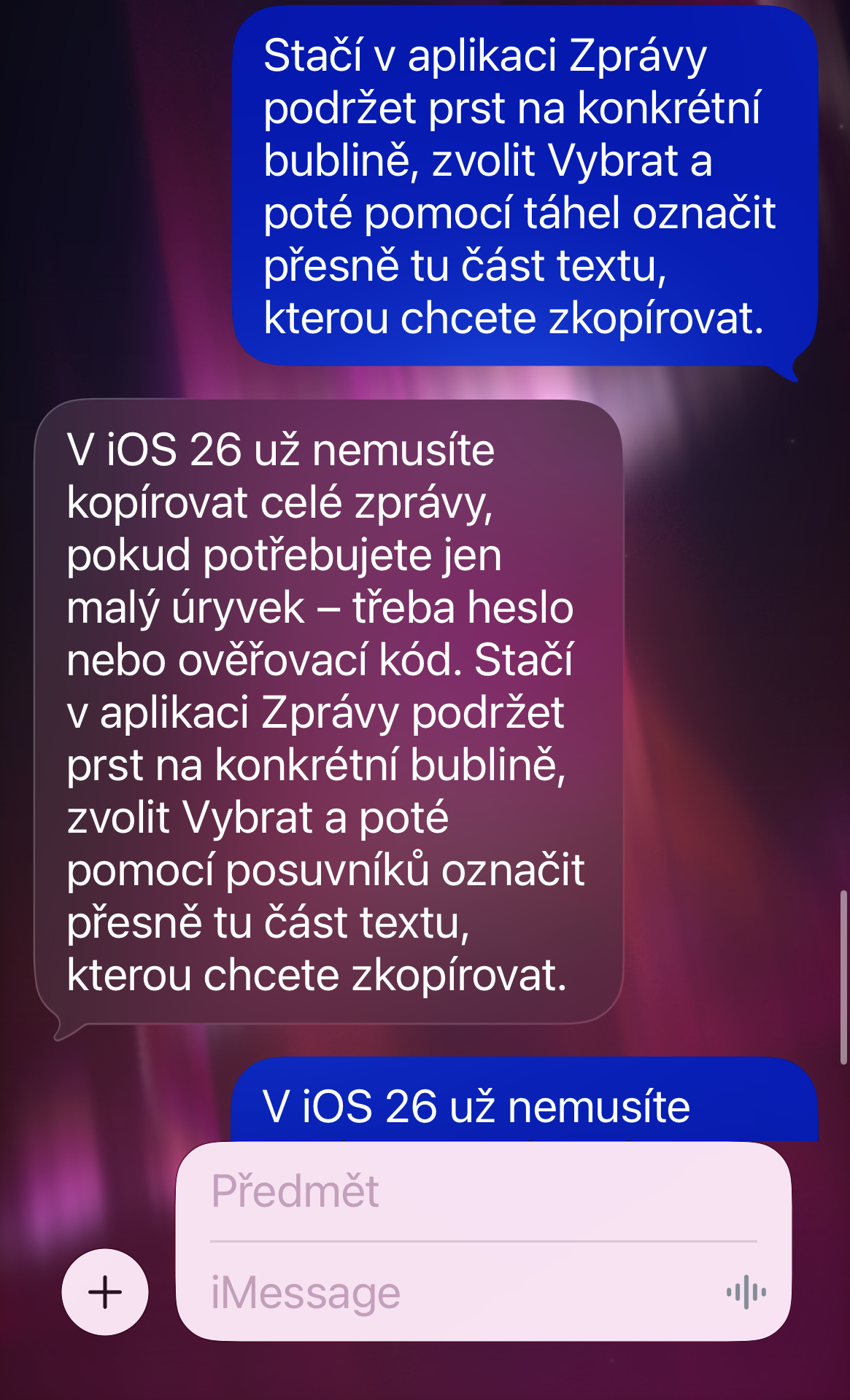 iOS 26 Viestin kopio osa tekstistä 3