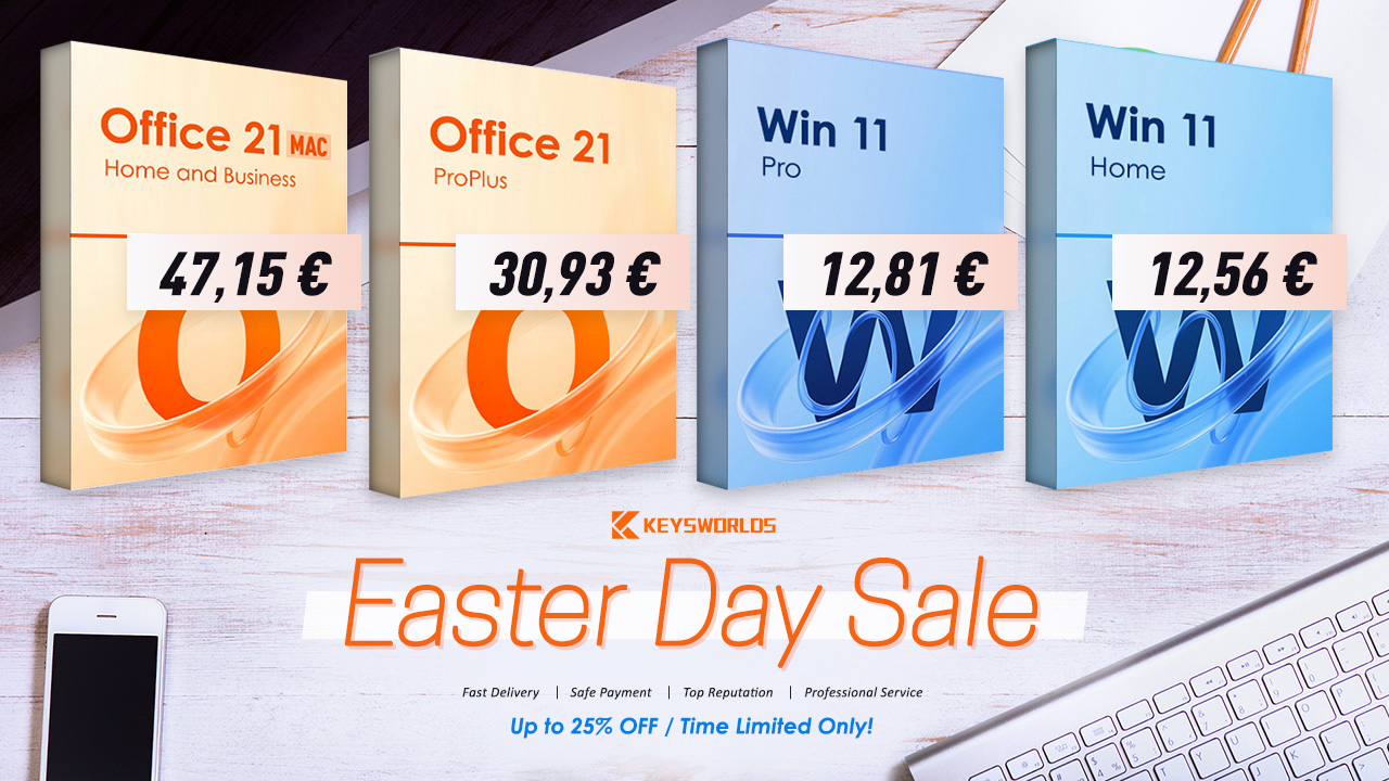 Velikonoční výprodej Keysworlds: 25% sleva na doživotní licence Office 2021 Pro a Windows 11 Pro – již od 12 €!