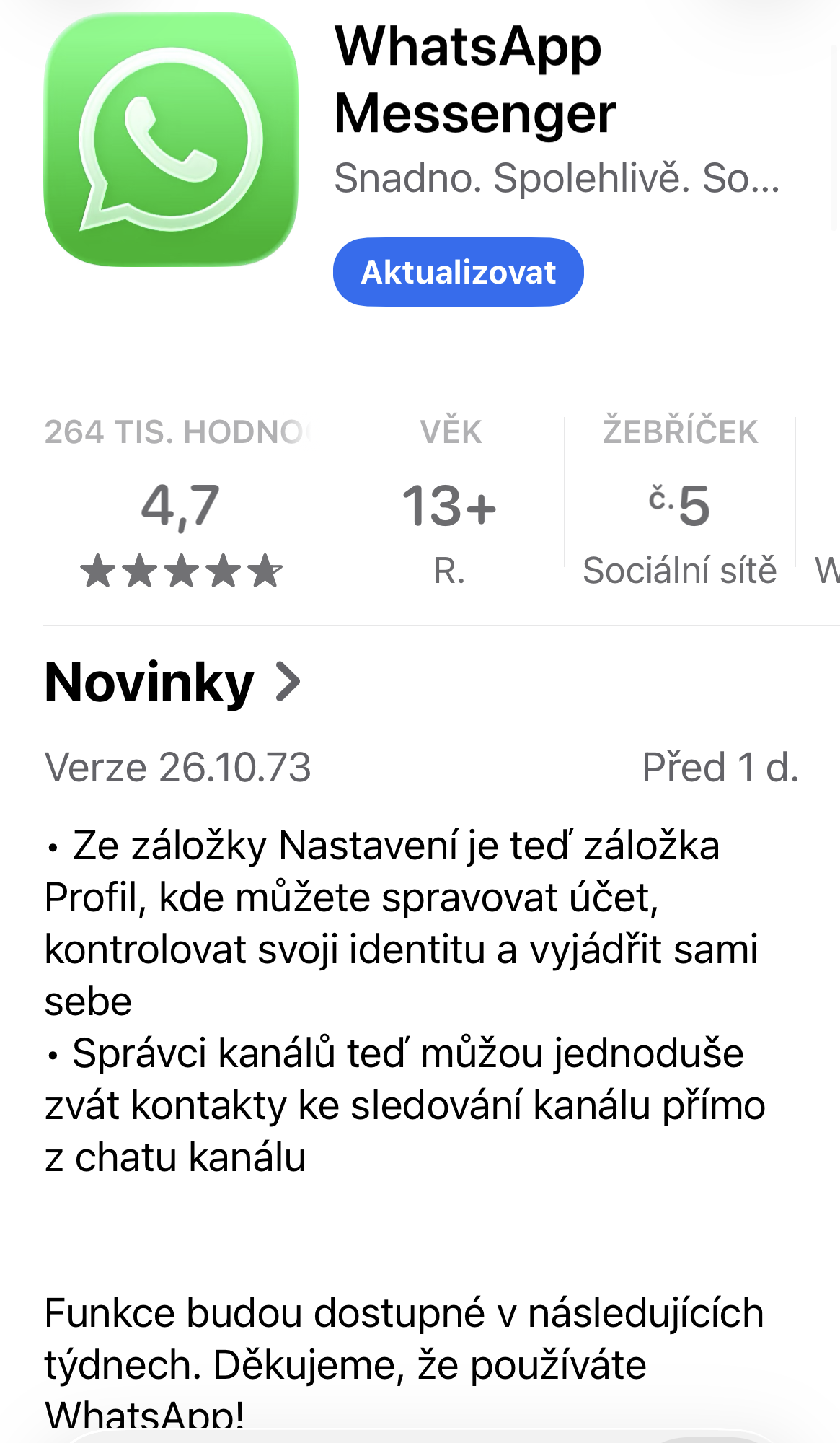 Whatsapp aktualizace zmeny