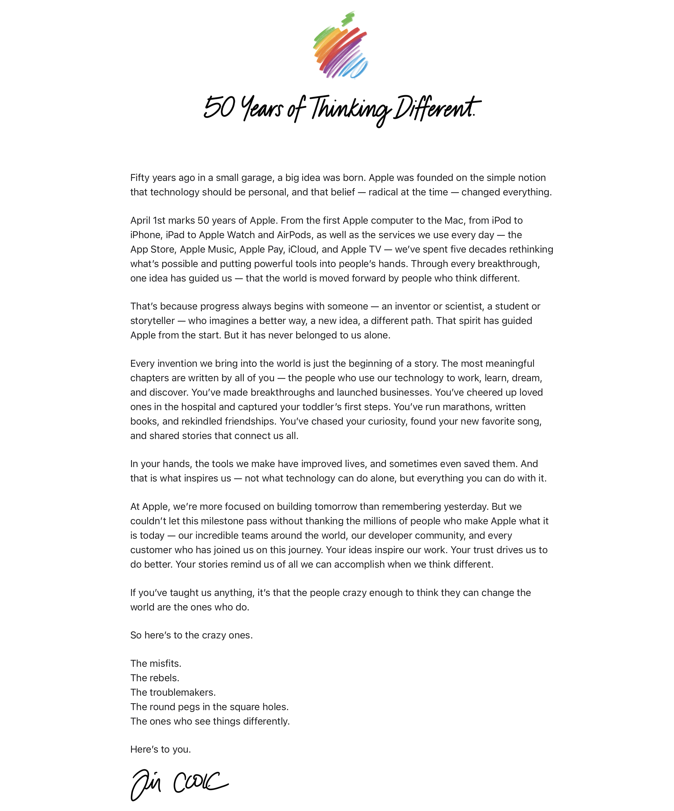 tim cook letter for fans