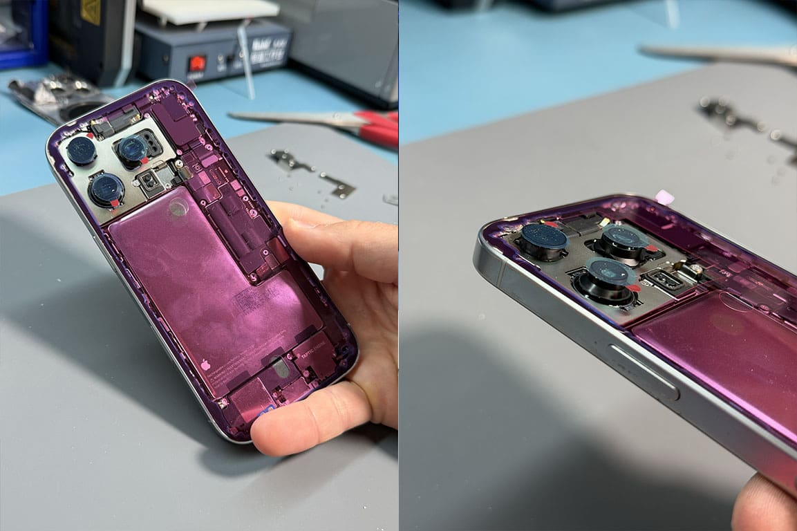 průběhu výměny zadního skla iPhone 16 Pro